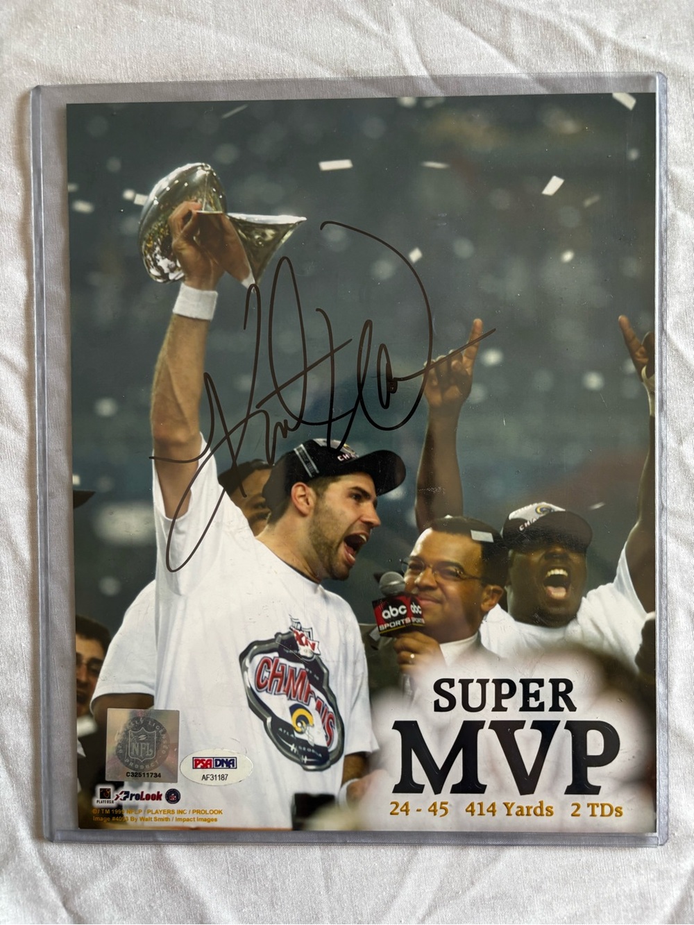 1999 Kurt Warner Super Bowl MVP 8x10 Photo Autograph “Super MVP” PSA Certificate